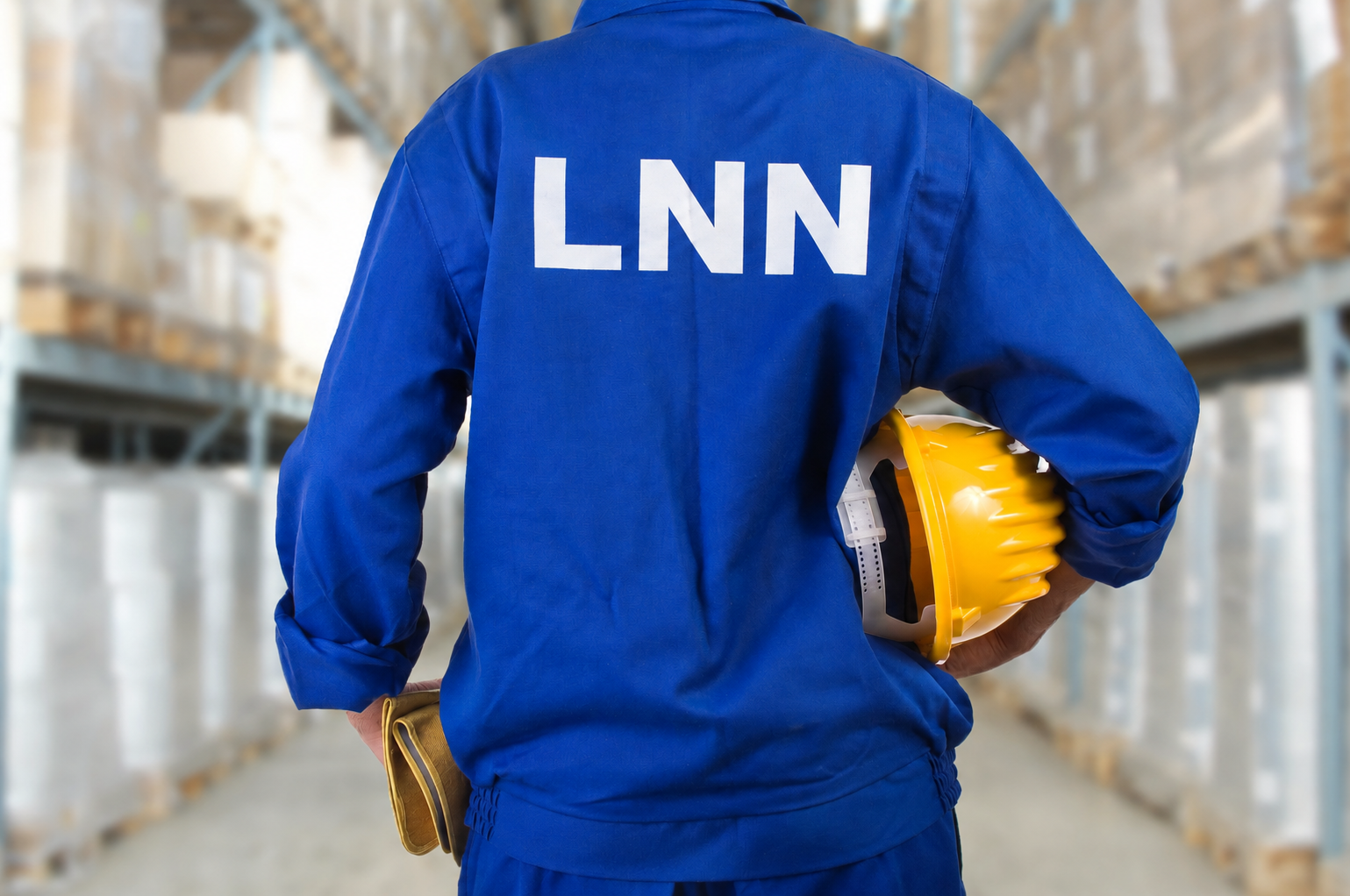Worker wearing blue workwear with LNN printed on the back, carrying a yellow safety helmet